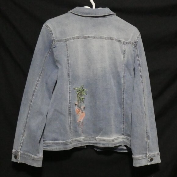 CHICO'S | size 3 | Button-Up Front Blue Denim Jacket | Flamingo Front and Back - Picture 2 of 16